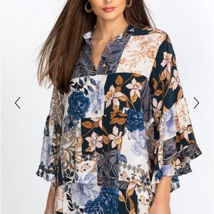 Johnny Was Leo Button Down Navy and Cream Floral Blouse SILK